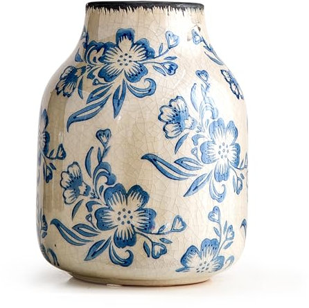 Keramik Vase, Weiß und Blau Porzellan, Vase Groß Blau für Haus, Landhaus Rustikale Dekoration für Zuhause, Tischvase für Blumen
