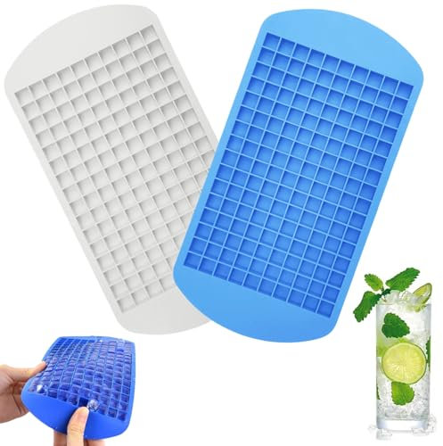 2Pcs Mini Ice Cube Trays, 160 Grids Cube Shape Small Ice Cube Tray, Reusable Silicone Ice Cube Tray for Freezer Baby Food, Whiskey, Cocktails,Milk (Blue, White)