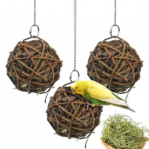 suruikei 3 Stück Mit Heu gefüllte Weidenbälle-für Vögel zum Kauen und Klettern – handgefertigt – Vogelkauspielzeug – für Papageien, Wellensittiche, Nymphensittiche, Kakadu(10cm)