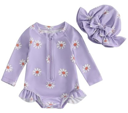 Carolilly Maillot de Bain Anti-UV d’Eté Bébé Fille Manches Longues Tenue de Bain Imprimé Floral+ Chapeau de Soleil (Violet, 9-12 Months)