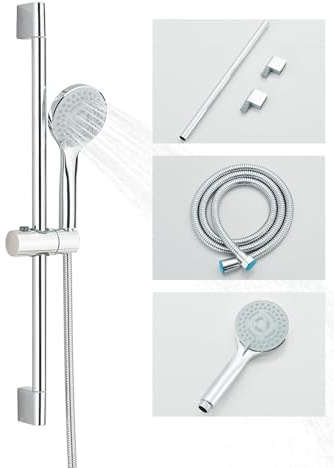 Suguword Edelstahl Duschset Komplettset mit Brausestange höhenverstellbar und Brauseschlauch 150cm, Duschkopf mit 3 Strahlarten, Halterung & Schlauch Chrom