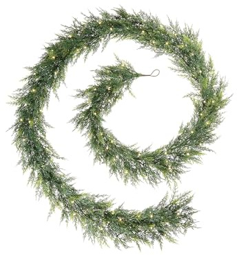 9ft Pre-Lit Full PE Green Garland – 140 PE Tips, 100 Warm White Micro LEDs, 8-Function Memory Controller