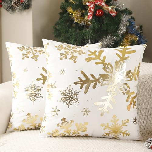 AwzyGous Weihnachten Kissenbezüge 40x40 cm Weiß und Gold Schneeflocke Winter Samt Dekorative Xmas Zierkissenbezüge Kissenbezug Deko Kissenhülle für Sofa Couch Schlafzimmer Wohnzimmer, 2er Set
