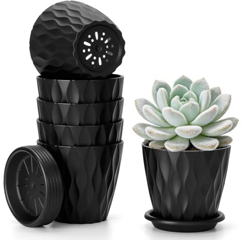 Romon Pot de Fleur Interieur, Set de 6 Pots en Plastique avec Soucoupe, Ouverture du Pot Diamètre 10cm, Jardinieres en PP, Adapté pour La Cuisine, Le Balcon, Les Plantes de Jardin et Bureau, Noir