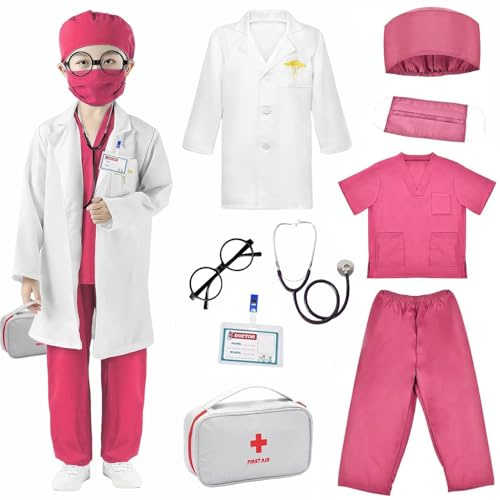 Znnhnn 9 Stück Arzt Kostüm Kinder Arztkittel Kostüm Verkleidung Arzt Spielzeug Rollenspiel Kostüme Zubehör Für Fasching Halloween Cosplay Party Geschenke Für 5 6 Jahre Jungen Mädchen (Rosa)