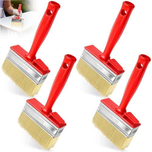 4Pcs Fence Paint Brush, 30x120mm Decking Brush Plastic Wall Painting Tools, Heavy Duty Outdoor Removable Block Brushes for Wood, Masonry, Timber Floor Furniture Renovation, House Maintenance, Red