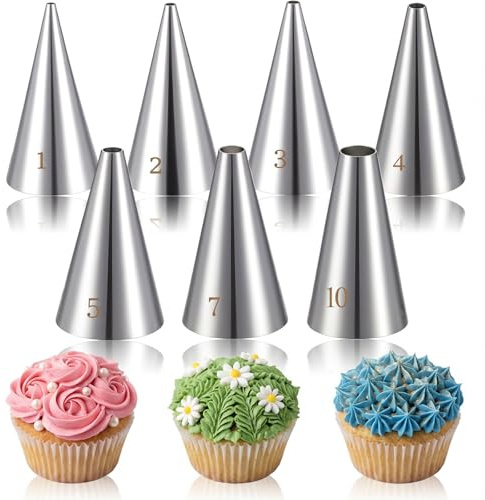 LXUEJIE 7 Pcs Round Hole Piping Tips Set, Stainless Steel Cupcake Frosting Nozzles Professional Icing Dispensers Supplies Cake Decorating Tool for Baking Cookies Puff Doughnut Cream Bag Filler