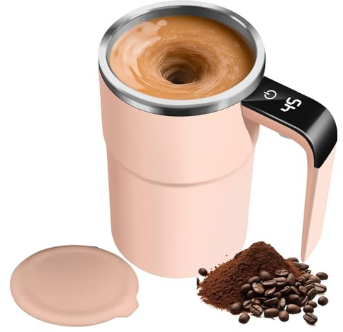 PEAMOO Automatic Self Stirring Coffee Mug, 380Ml Automatic Mixing Cup, Electric Mixing Cup with Magnetic Stirrer and Temperature Display, Rechargeable Self Stirring Mug for Coffee, Milk, Cocoa (Pink)
