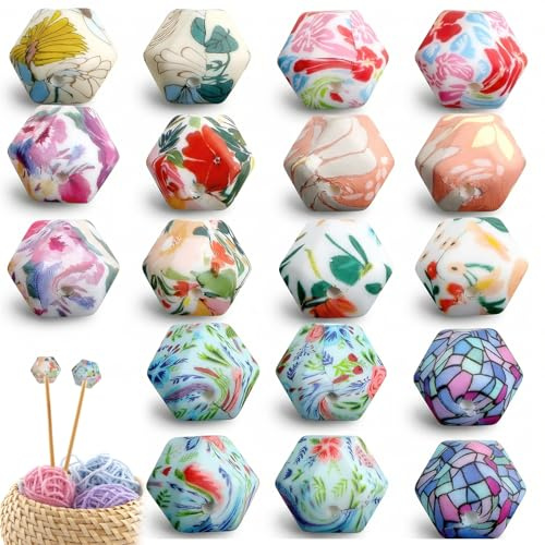 Bruislard 18Pcs Maschenstopper für Stricknadeln, Silikon Stricknadel Stopper Sechseckige Maschenstopper Nadelspitzenschutz Schutzkappe mit Blumenmuster Stricken Zubehör für Strickprojekte DIY Crafts