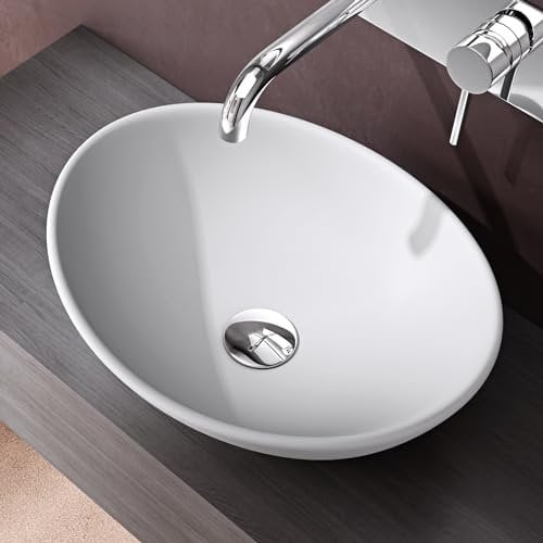 doporro Lavabo sobre Encimera Blanco Mate de Cerámica 41x33x14cm Lavabo de Mano Ovalado Brüssel205