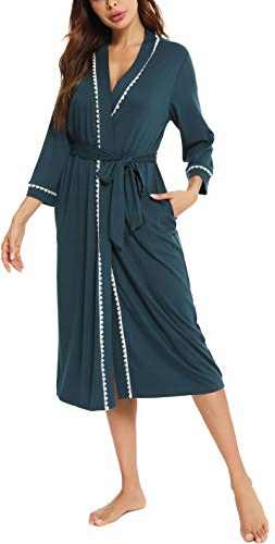 Vlazom Womens Dressing Gown Soft Kimono Robe V-Neck Long Knit Bathrobe Nightwear Sleepwear for All Seasons, Dark Green, XXL