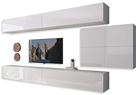 lukmebel COLGANTE IV Wohnwand Lowboard Wohnwand Set TV-Schrank Hängeschrank Weiß Hochglanz HG Fernsehschrank mit LED Beleuchtung und Push to Open System Sideboard Wohnzimmer