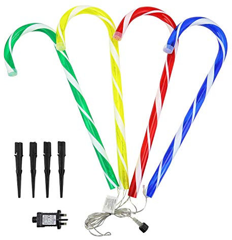 Sentik 4 Pack Mains Powered Christmas Candy Cane Pathway Markers Garden Stake Lights Set of 4, 52cm Tall Festive Indoor Outdoor Decoration, Multi Colour