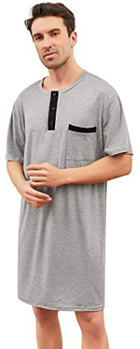 Enjoyoself Herren Baumwolle Pyjama Tops Weich Atmungsaktiv Nachthemd Knielang Nachtshirts Kurzarm Nachtwäsche Lounge Wear