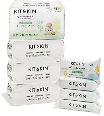 Kit & Kin Premium Eco Size 2 Newborn Essentials Starter Pack | Sustainable Baby Nappies and Biodegradable Water Wipes | Hypoallergenic with Flash Dry High-Performance Layer (152 Nappies, 240 Wipes)