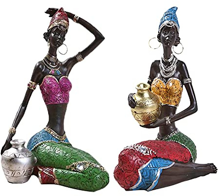 Juanxian 2Pcs Resin African Sculpture Tribal Lady Figurine Statue Decor Collectible Art Creative Crafts Dolls Ornaments Black Women Candle Holder Vintage Gift W4546-Sitting