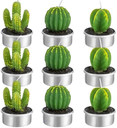 LATRAT Kaktus Kerzen, 9 Stück Kerzen Rauchfreie Kerzen, Sukkulente Cactus Candle Geschenkset, Handgemachtes Zartes Rauchloses Süßes Grünes Pflanzen für Festival, Party, Spa, Heimdekoration, Geschenke