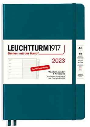LEUCHTTURM1917 365671 Wochenkalender und Notizbuch 2023, 12 Monate, Pacific Green, Medium (A5)
