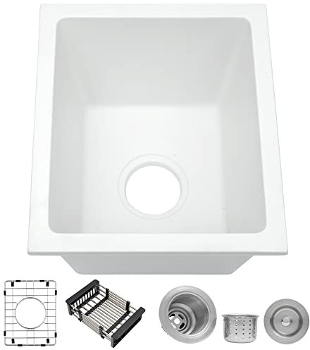 MILOSEN Small White Bar Sink 13×15 Inch, Undermount Wet Bar Prep Sink for RV Kitchen, Single Bowl Granite Composite Design with custom accessories