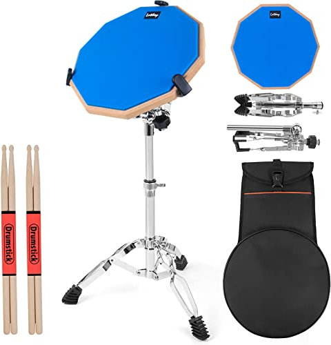 Lotkey Schlagzeug-Pad-Set, 30,5 cm, für Erwachsene und Kinder, mit Snare-Drum-Ständer, doppelseitig, Drumsticks, Tragetasche (blau)