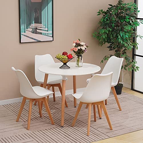 YULU Round Dining Room Table and Chairs Set 4 90cm White | Modern Kitchen Table Solid Wood Leg PU Padded Lounge Chair Space Saver Restaurant Home Office Reception Apartment Canteen