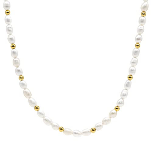 ZEN LIFE® Echte Süsswasserperlen Kette, 925er Silber, 18 Karat vergoldet, Perlenkette, 4x6mm, Halskette, Damen, 39,5cm+5cm, Choker Markenqualität Berlin