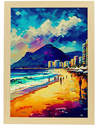 Nacnic Poster Copacabana Strand im Ölgemälde Stil. Illustrationen von Denkmälern und Städten im fotografischen Vollfarbstil. Innenarchitektur und Dekoration. A3 mit Leichtholzrahmen.