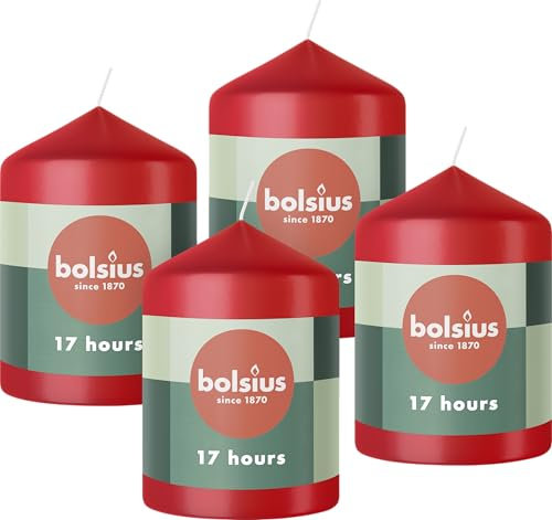 Bolsius Glatte Stumpenkerzen - Rot - 4 Stück - 8 x 6 cm - Dekorative Haushaltkerzen - Länge Brenndauer 17 Stunden - Unparfümierte - Enthält Natürliches Pflanzenwachs - Ohne Palmöl