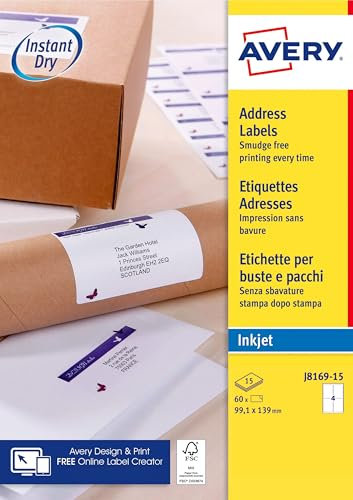 Avery Selbstklebende Etiketten, weiß, 60 Stück, 99,1 x 139 mm, J8169-15 – A4-Blatt, Tintenstrahldrucker, kompaktes Format, FSC-Papier, kompatibel mit meinem Online-Stempel