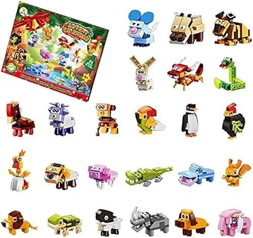 Adventskalender 2023 für Kinder Erwachsene, Weihnachtskalender Kinder, 24 Tiere Bausteine Set Weihnachtsspielzeuge Bausatz Konstruktionsspielzeug, MOC Klemmbausteine Kompatibel mit Großen Marken
