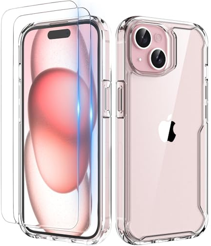ORETECH Cover per iPhone 15 Plus, Custodia iPhone 15 Plus(6.7''), 2 Pezzi Pellicola Protettiva in Vetro Temperato & 1 Pellicola Fotocamera Antiurto Ultra Sottile Hard PC Silicone Cover - Trasparente