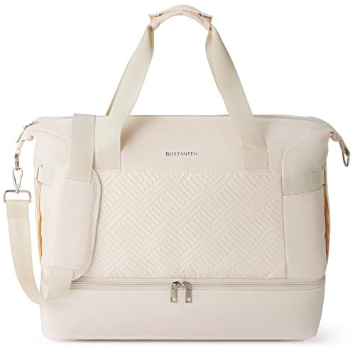 BOSTANTEN Duffel Bag Damen, Faltbare Reisetasche Canvas Sporttasche mit Schuhfach Weekender Tasche Groß Handgepäck Umhängetasche,Stickgarn Beige