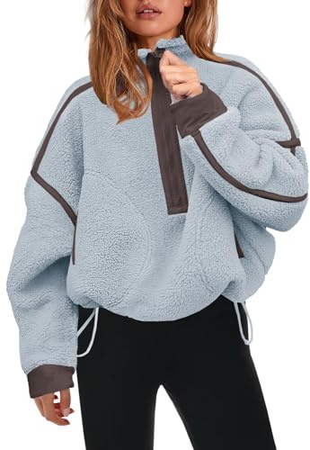 Panadila Womens Half Zip Sherpa Fleece Pullover Soft Oversized Sweatshirt with Pockets Warm Fuzzy Sweater, Dusty Blue, S