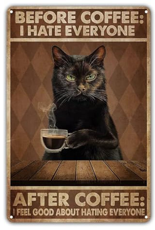 KONFEN Metallschild Blechschild Katze Retro, Katze Trinkt Kaffee Vintage Katzen Blechschilder Lustige Metallposter, Zinn Zeichen Metallschilder Posterkatzen 8 * 12 Zoll für Wand Home Kaffeehaus Tür