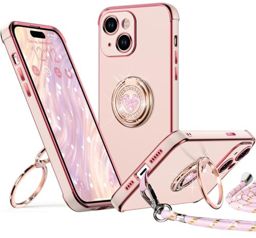 XYZ for iPhone 15 Plus Case with Stand, Heart Lanyard for Girls Women, Luxury Cute Bling Protective Phone Cover for iPhone 15 Plus, Pink