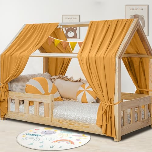 Hausbett Himmel Deko Set, Betthimmel Hausbett aus Musselin - 2 Betthimmel & 1 Wimpelkette, für Jungen Mädchen Deko für Kinderzimmer, Baldachin Kinderzimmer Deko I 67 x 320cm Senfgelb