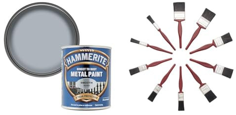 Hammerite Direct to Rust Metal Paint - Smooth Silver Finish 750ML & Fit For The Job 10 pc Mixed Sizes Paint Brush Set for a Smooth Finish with Emulsion, Gloss, Satin