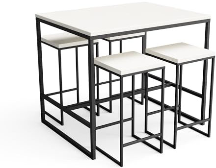 MAESTRO FERRETERO TUOZI - Hoher Gartentisch mit 4 Hockern, aus Beton und Stahl, Modell Tribeca 118 Plus Tischset, 118 x 90 x 100 cm, Weiß