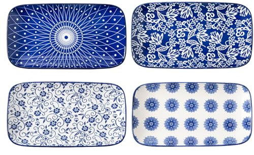Cerkik Rectangle Serving Plates Set - 9.5 Inch Large Rectangular Ceramic Dinner Pasta Dessert Dishes for Sushi Salad Appetizer - Oven Microwave Dishwasher Safe - Set of 4 - Vintage Blue