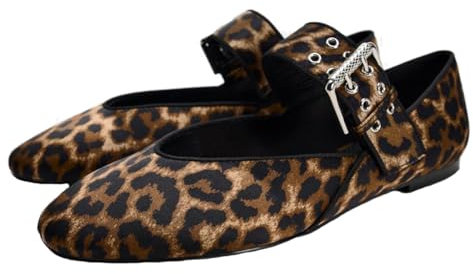Women's Retro Leopard Ballet Flats Buckle Strap Mary Jane Flats Ballerina Shoes Round Toe Ballet Flat Shoes for Women Ladies Girls Leopard Size 5