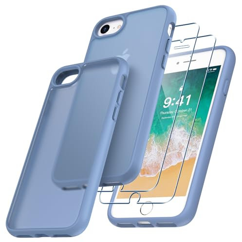 Niphabe Coque Compatible avec iPhone SE 2022/2020/7/8 avec 2 Verre Trempé, Anti-Jaunissement Dur PC Housse Anti-Rayures Protection Case Antichoc Coque avec Bumper TPU Case 4,7 -Bleu Clair