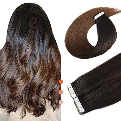 XDhair Tape Extensions Echthaar 20pcs 50g 40cm Natürlich Schwarz to Dunkel Braun Ombre Extensions Echthaar Invisible Tape in Extensions Echthaar Seidig Gerade Remy (#1BT4-16)