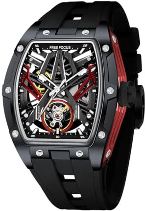 Free Focus FF Einzigartige Herrenuhren, automatische mechanische Uhr, luxuriöse, hohle Tonneau-Uhren für Herren mit Edelstahlgehäuse und Silikonband (selbstaufziehendes Uhrwerk, 3 ATM wasserdicht,