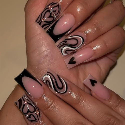 False Nails Short, French Stick on Nails, 24pcs Square Black Press On Nails with Glue Punk Fake Nails for Women Girls (Black Waves)