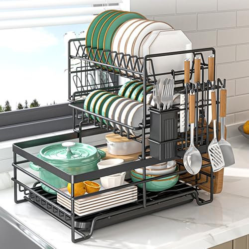 Dish Drainer Rack For Kitchen With Drip Tray,3 Tier Detachable Dish Drying Rack Large Kitchen Drying Rack With Utensil Cutting Board Holders Drainboard Holder For Kitchen Counter Space-Saving, Black