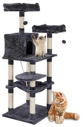 Ultiness® Katzen Kratzbaum Harry 146 cm Katzenbaum Kletterturm, Kletterbaum Aktivitätskratzbaum mit Sisal Säulen, Katzenspielzeug, Höhle, Plattformen, Hängematte/Liegemulde, dunkelgrau