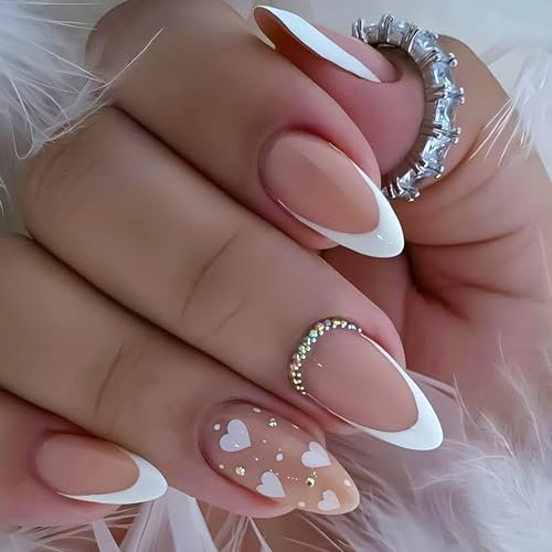 MOTIBACK French 24pcs Press on Nails, Almond Shape,Full Cover False Nails - Stick on Nails for Women and Girls Nail Art Accessories (Nude White Heart Diamond)