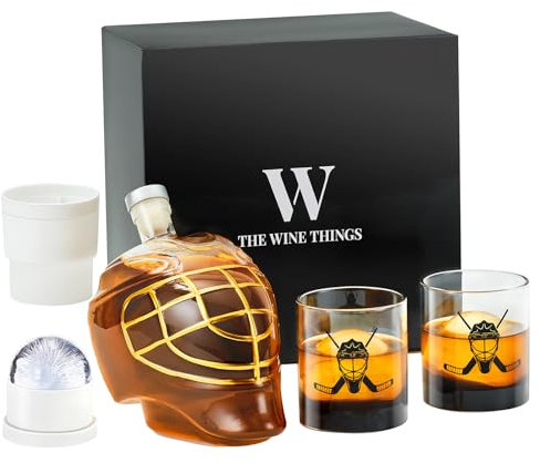 Whiskey Decanter Set With 2 Glasses and 2 Large Ice Ball Molds, Ice Hockey Helmet Creative Flask Carefe for Vodka Bourbon, Gifts for Men Dad Brother Boyfriend, Cool Drinking Accessories for Home Bar