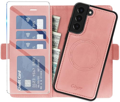 Giyer Starke Magnetisch Handyhülle für Samsung Galaxy S22 Hülle mit Schutzfolie, 2 in 1 Abnehmbare PU Leder Wallet Standfunktion Kartenfach Schutzhülle für Samsung S22 Case (Rosa)