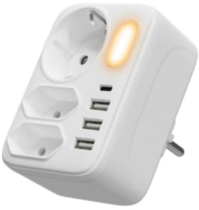 HITRENDS Adaptateur de prise 3 prises avec interrupteur, prise murale avec veilleuse et ports USB, adaptateur de prise avec 2 USB (2,4 A), 1 USB C (3 A) et fiche Schuko, adaptateur de prise 3500 W
